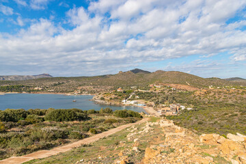 View from Cape Sounion to the small Souniou besch at Aegean Sea, Greece.