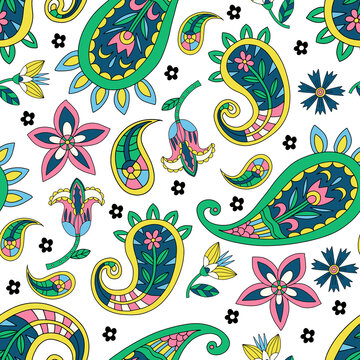 Seamless pattern with flowers and paisley in hippie style. Vector