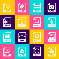 Set MOV file document, TIFF, EPS, TXT, PSD and WAV icon. Vector