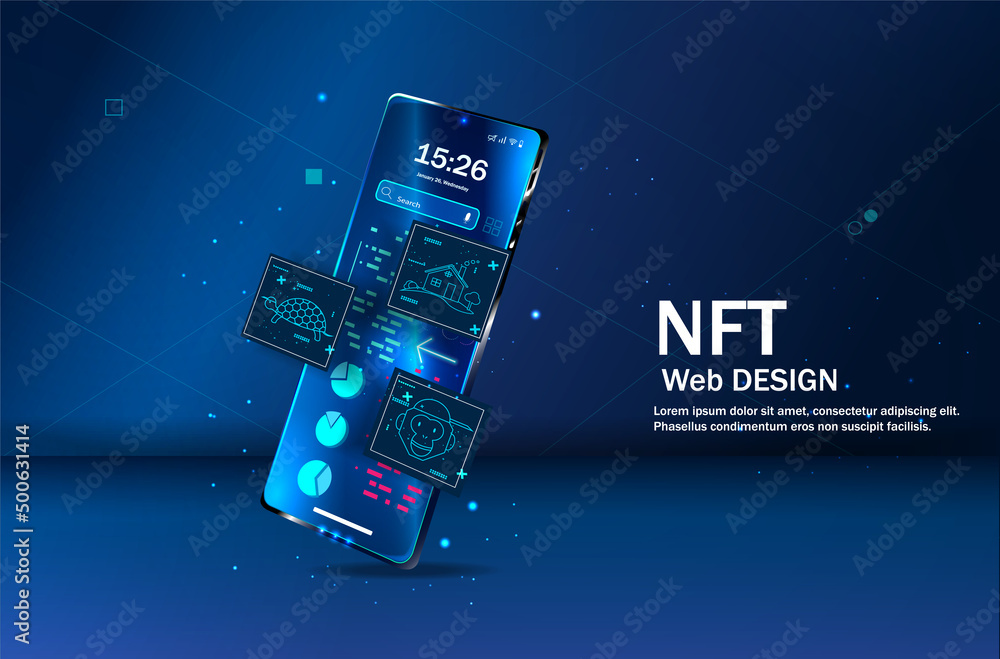 Poster concept of nft ,non-fungible token with network vector on dark background. vector illustration conce