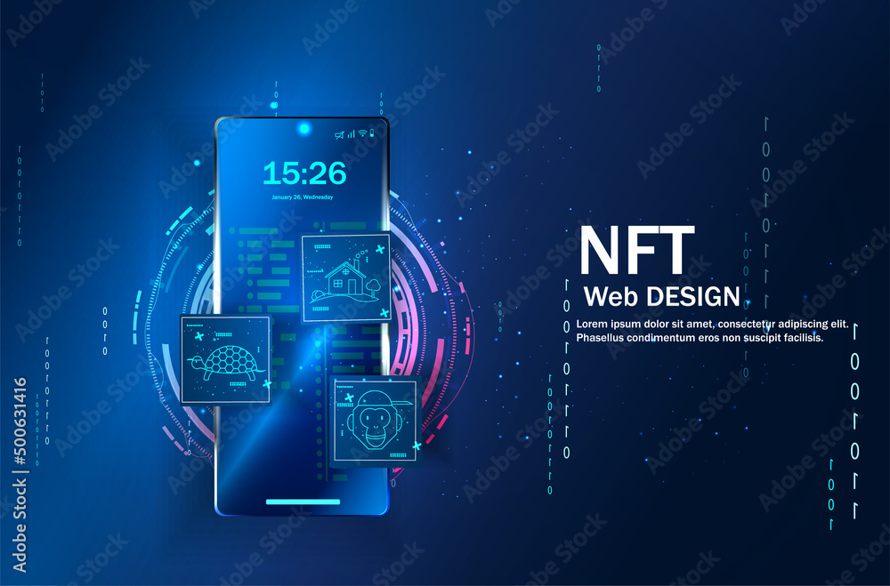 Poster concept of nft ,non-fungible token with network vector on dark background. vector illustration conce