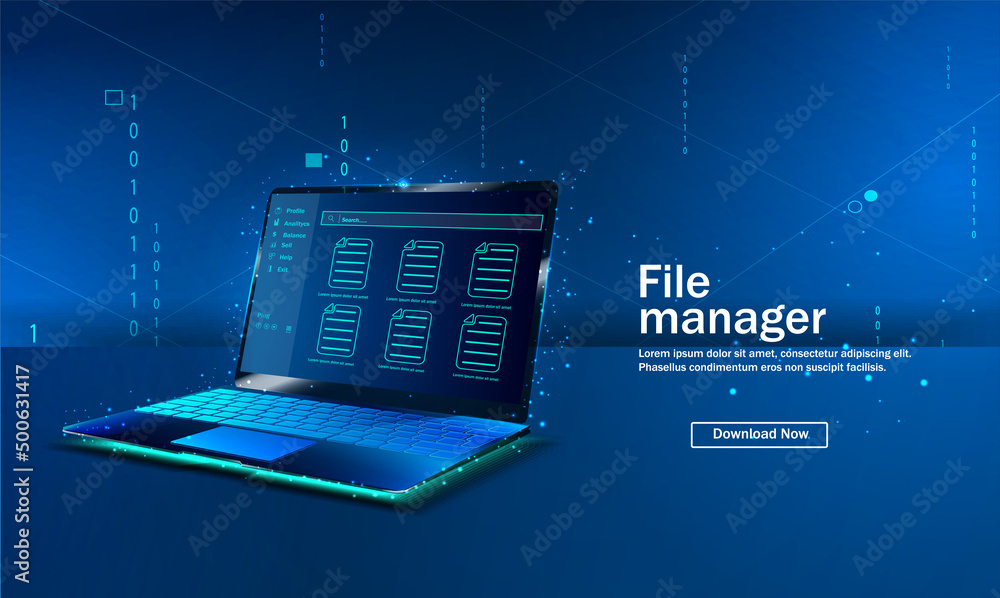 Poster file manager. file management. the landing page of the file transfer and data management concepts. a