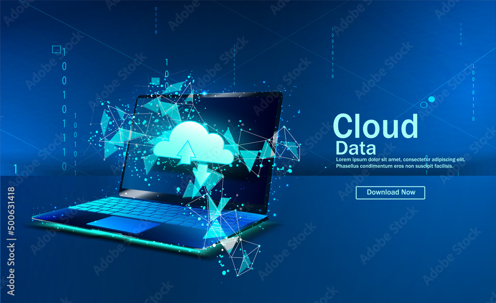 Poster the concept of cloud computing. secure data exchange on a laptop. illustration of cloud technologies