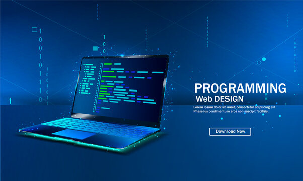 Software, web development, programming concept. Abstract programming language and program code on a laptop screen. Web development, coding, and programming. Vector illustration.