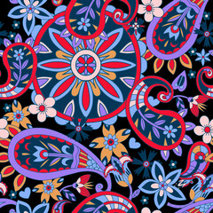 Seamless pattern with flowers and paisley in hippie style. Vector.