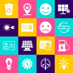 Set Light bulb with gear, Bio fuel fueling nozzle, Chain link line, Smile face, Address book, Sun electric plug, Recycle bin recycle and Sad smile icon. Vector