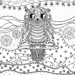 Abstract eastern pattern with owl on isolated white. Hand drawn abstract patterns on isolation background. Design for spiritual relaxation for adults. Black and white illustration