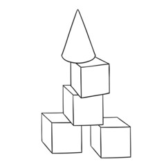 Kids toys. Pyramid of cubes. Black and white contour picture.  In cartoon style. Isolated on white background. For coloring book. Vector illustration.
