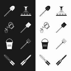 Set Garden shovel, Watering can, Automatic irrigation sprinklers, Bucket, pitchfork, Gardening handmade scissor and icon. Vector