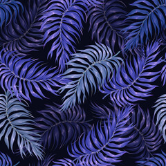 Seamless pattern with blue palm leaves on the blue background. Vector.