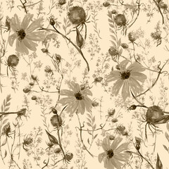Watercolor seamless background floral pattern. grass and plant flowers, burdock, thistle, alga, wild herbs. Floral pattern, Illustration is made of hand-made in clipart graphics colors.sunflower