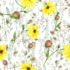 Watercolor seamless background floral pattern. grass and plant flowers, burdock, thistle, alga, wild herbs. Floral pattern, Illustration is made of hand-made in clipart graphics colors.sunflower