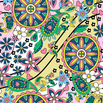 Seamless pattern with flowers and paisley in hippie style. Vector.