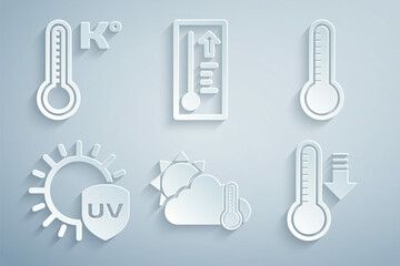 Set Thermometer and cloud, sun, Meteorology thermometer, UV protection, and icon. Vector