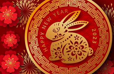 Happy New year. Chinese New year rabbit symbol. Flowers. Chinese background. Holiday Chinese banner with horoscope sign of 2023. Red, gold design