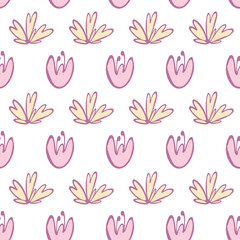 Fototapeta na wymiar Doodle childish floral seamless pattern with flower bud. Cute pastel horizontal background for design, wrapping, cards or fabric.