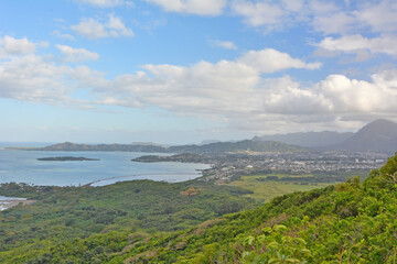 View of Kaneohe Bay to Kailua on the windward side of Oahu in Hawaii. 