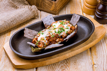 baked eggplant with meat and cheese. Turkish cuisine