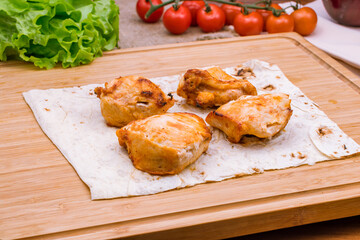 chicken kebab on board macro close up