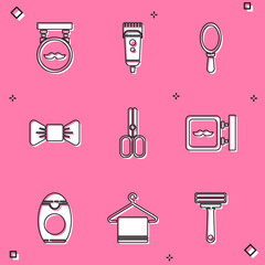Set Barbershop, Electrical hair clipper or shaver, Hand mirror, Bow tie, Scissors hairdresser, Bottle of shampoo and Towel on hanger icon. Vector