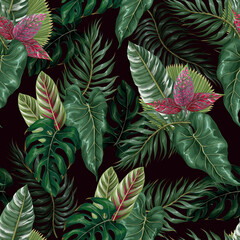 Seamless pattern with tropical leaves such as palm leaf, monstera and other.Vector. © Yumeee