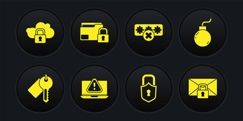 Set Marked key, Bomb ready to explode, Laptop with exclamation mark, Lock, Password protection, Folder and lock, Mail message password and Cloud computing icon. Vector