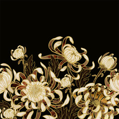 Seamless border with gold .chrysanthemums. Vector trendy print.