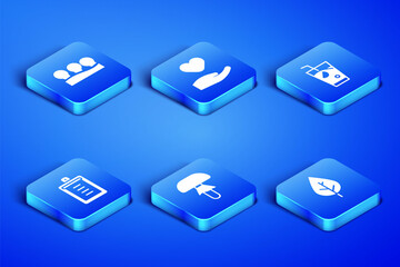 Set Leaf, Vacuum cans, Mushroom, Clipboard with checklist, Heart in hand and Fresh smoothie icon. Vector