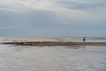 Fototapeta na wymiar mujer atractiva con perro bichon maltes blanco paseando y contemplando la playa en el mar de oropesa