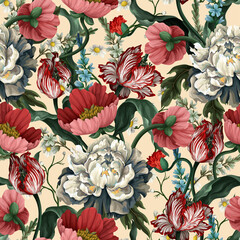 Seamless pattern with vintage tulips and peonies. Classic vector wallpaper.