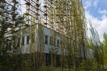 Large antenna field. Soviet radar system Duga at Chernobyl nuclear power plant. ABM missile defense. Antenna field, over-the-horizon radar. Military object of USSR ABM.