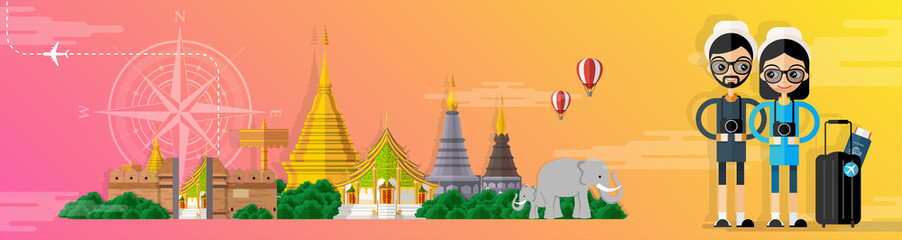 Fototapeta premium Thailand travel concept The Most Beautiful Places To Visit In Thailand in flat style.