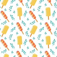Seamless pattern with delicious colored ice cream on a stick and tropical leaves. A juicy summer element for the design. Vector image on a white isolated background