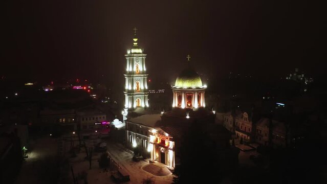 The Sumy city in Ukraine at the winter aerial night view