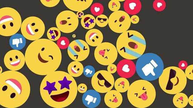 Falling through the air yellow emoji with different facial expressions alpha channel. Emoji icons falling transition 