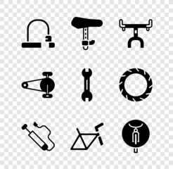 Set Bicycle lock, seat, handlebar, air pump, frame, chain with gear and Wrench spanner icon. Vector