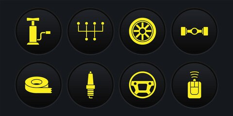 Set Scotch tape, Chassis car, Car spark plug, Steering wheel, Gear shifter, key with remote and air pump icon. Vector
