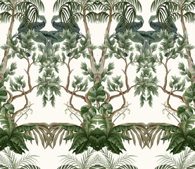 Naklejki  Seamless pattern with vintage trees and palms, plants. Vector.