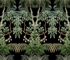 Fototapety  Seamless pattern with vintage trees and palms, plants. Vector.