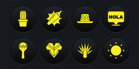 Set Maracas, Hola, Poncho, Agave, Mexican sombrero, Hot chili pepper pod, Sun and Cactus or succulent in pot icon. Vector © vector_v