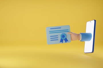 Cartoon hand holding a diploma coming out of a mobile phone screen. 3d illustration.