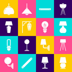 Set Table lamp, Floor, Fluorescent, Vintage street light, Chandelier and Light bulb icon. Vector