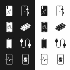 Set Mobile with broken screen, System bug on mobile, Glass protector, USB cable cord, Smartphone battery charge and Phone repair service icon. Vector