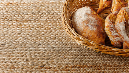 Basket with bread on a decorative burlap carpet. Culinary baking background.