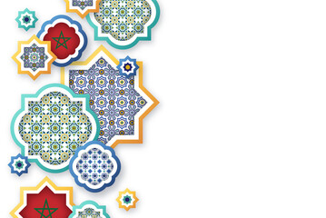 Moroccan flags in the middle of different mosaic shapes with free text space in the right