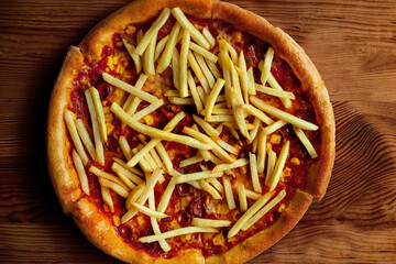 Tomato pizza with French fries on it. top view
