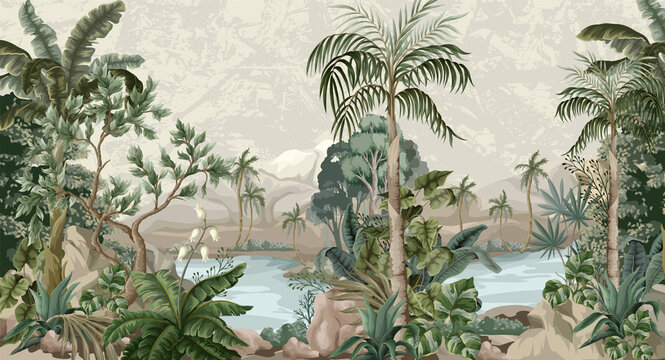 Jungle landscape with river and palms. Interior print mural. © Yumeee