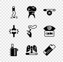 Set Cigarette butt, Tooth with caries, No smoking, Electronic cigarette, Disease lungs, Lighter, Joint pain, knee pain and Hand icon. Vector