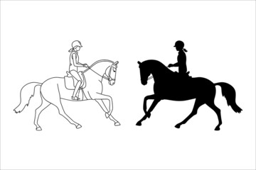 Line art and silhouette of an elegant horsewoman on a horse