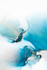 Blue silver abstract background of marble liquid ink art painting on paper . Image of original artwork watercolor alcohol ink paint on high quality paper texture .